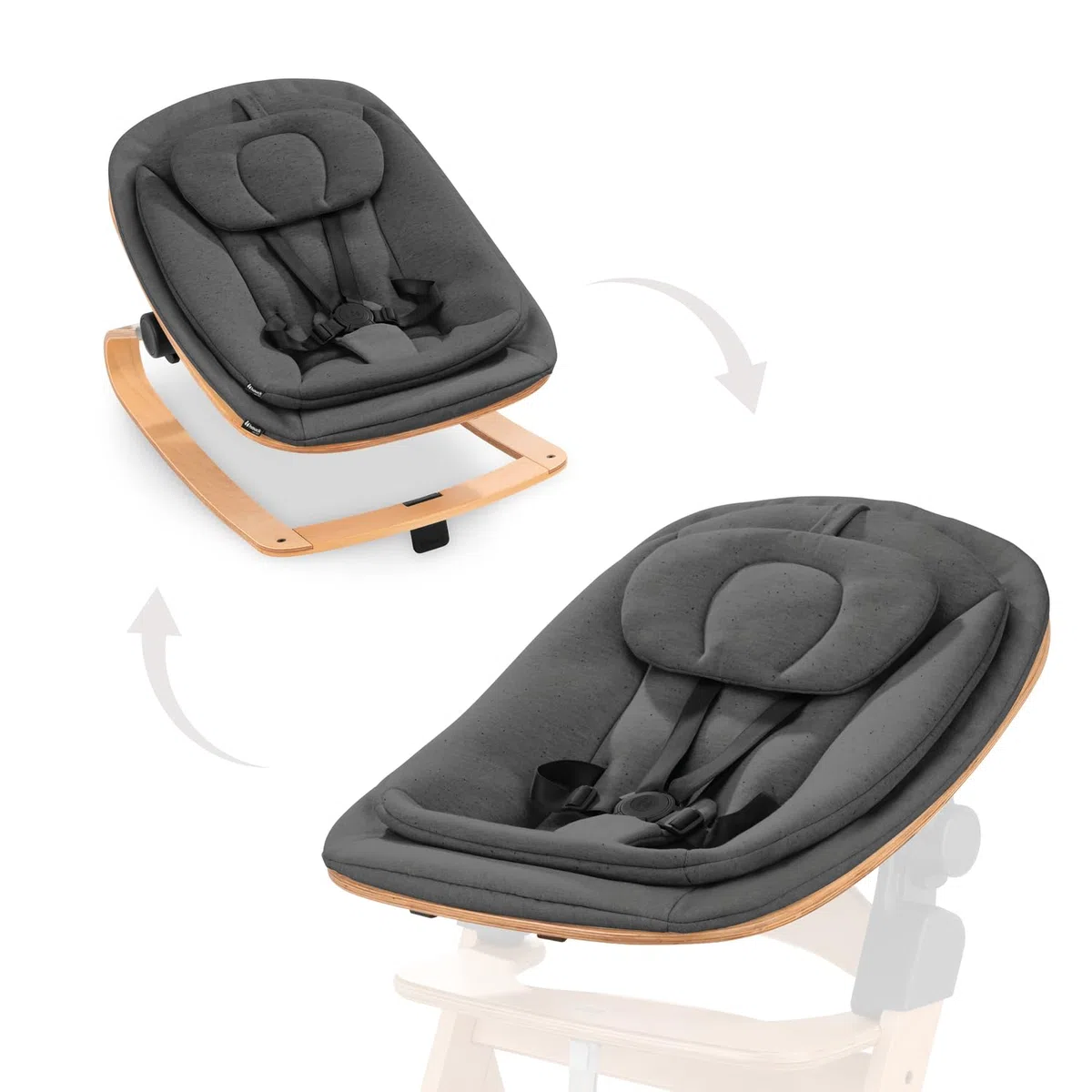 hauck Holz Babywippe & Hochstuhlaufsatz, Highchair Bouncer Eco Deep Grey | Ergonomischer 3in1 Neugeborenenaufsatz für Alpha+ & Beta+ hauck Hochstuhl ab Geburt bis 15 kg, 5-Punkt-Gurt, Baumwollbezug