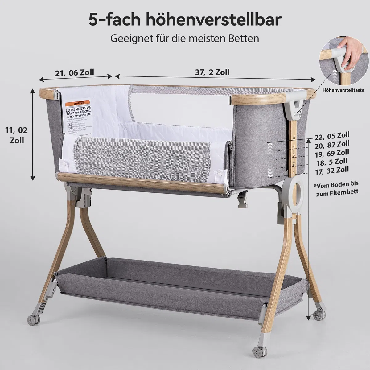 Larex Beistellbett Baby,3 in 1 Babybett mit Moskitonetz,Aufbewahrungstasche & Korb,5-stufig Höhenverstellbares Babybett,4 Räder mit Bremse,atmungsfreundliche Matratze & Mesh (Dunkelgrau)