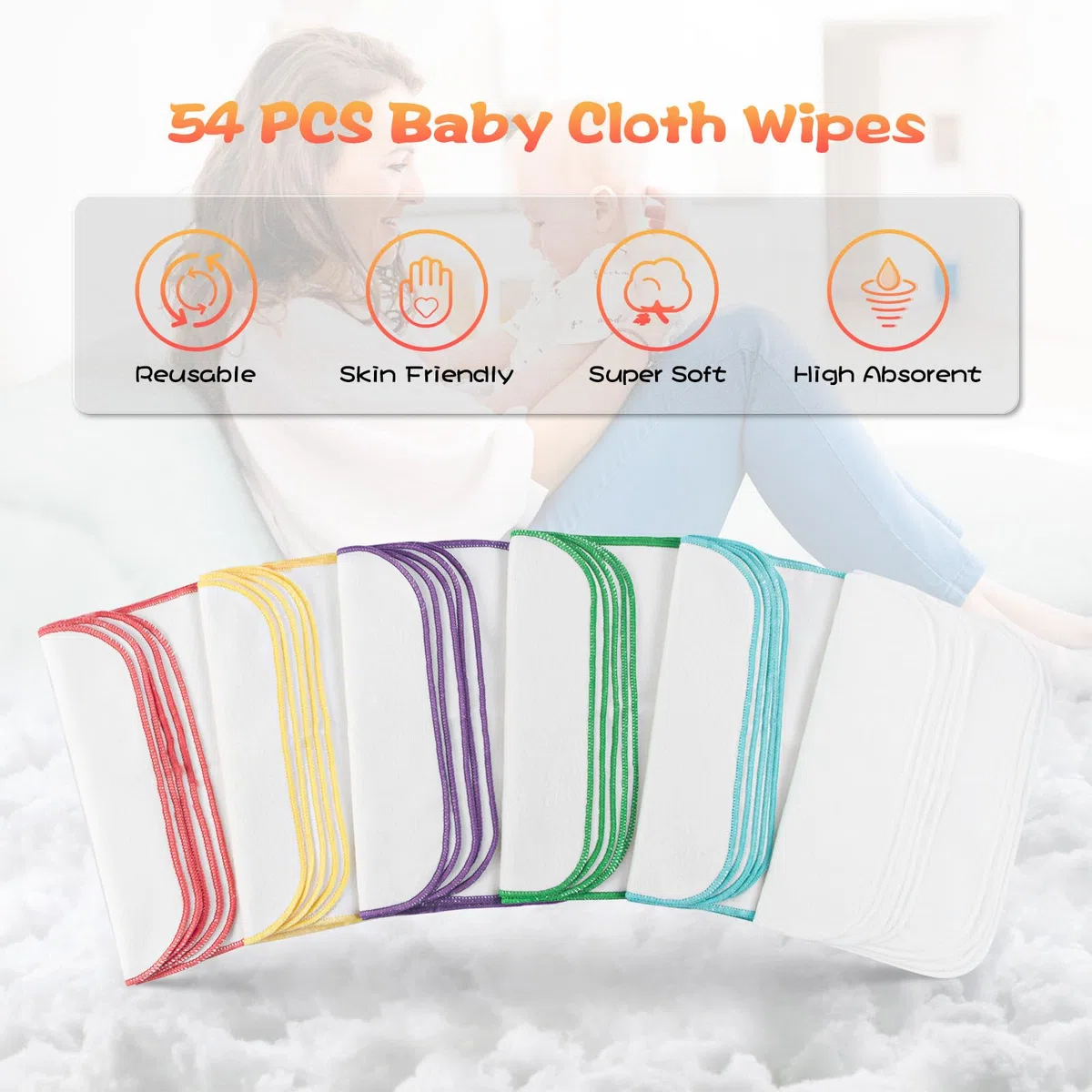 54 Baby-Flanelltücher, blauer Spender für Feuchttücher, wiederverwendbar, natürlich und hautfreundlich, unverzichtbare Handtücher für das Gesicht, 20,3 x 20,3 cm
