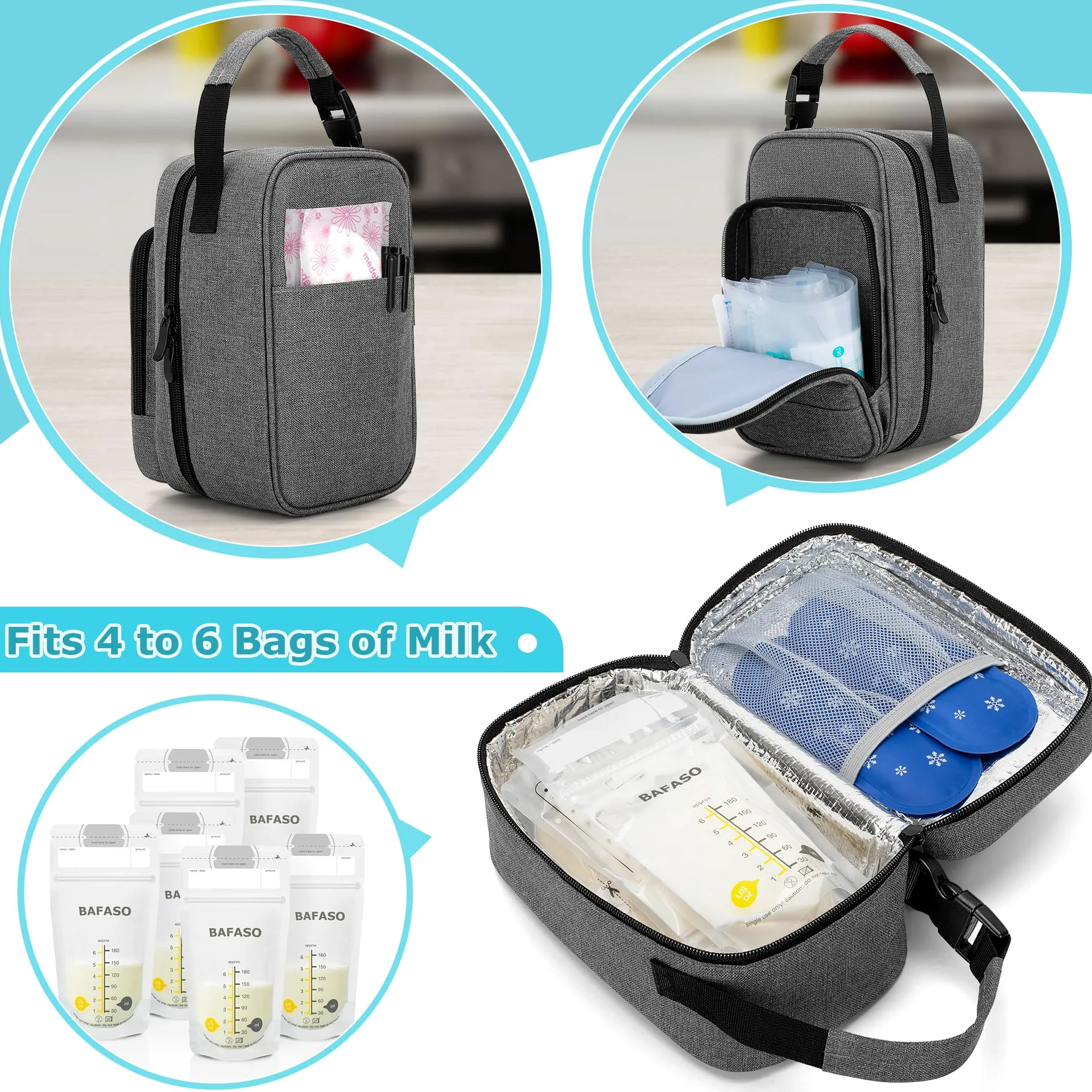 BAFASO Kühltasche für Muttermilch, Isoliert Muttertasche mit 4 Kühlakkus, Brustmilch Aufbewahrung Tasche mit Kühlelement, Reisetasche für Muttermilchbeutel, Grau