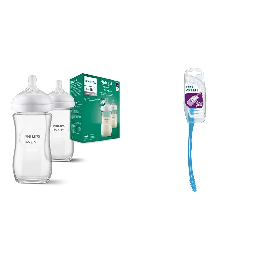 Philips Avent Babyflaschen Natural Response aus Glas – 2x Babyflasche, 240 ml, BPA-frei, für Neugeborene ab 1 Monat (Modell SCY933/02) & Avent Flaschen- und Saugerbürste (Modell SCF145/06)