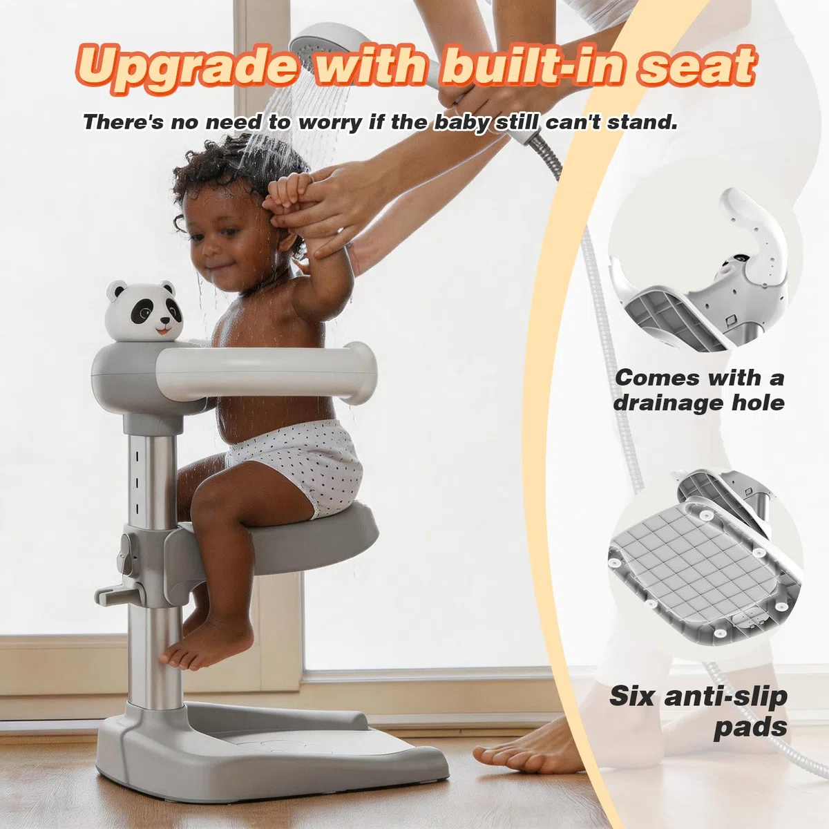 ALLUMK Höhenverstellbare Baby Badehilfe mit süßem Panda Design, Anti-Rutsch-Basis, ergonomischer Badeständer für sicheres stehendes Baden von Kleinkindern