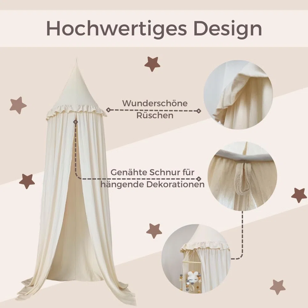 Wonder Space Kinderbetthimmel mit Rüschen, Pastell Neutrale Farbe für Jungen & Mädchen, Hängender Vorhang Moskitonetz für Kinderzimmer Babybett Kleinkinderbett Leseecke Dekoration (Cremefarben)