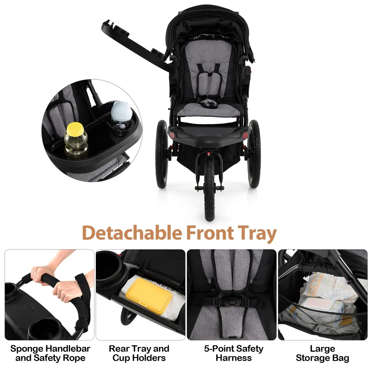 LIFEZEAL Kinderwagen klappbar, Kinderbuggy mit 3 Rädern, verstellbarem Sonnenschutz & 5-Punkt-Gurt, Buggy mit abnehmbarem Tablett & Getränkehalter, bis 22 kg, Schwarz