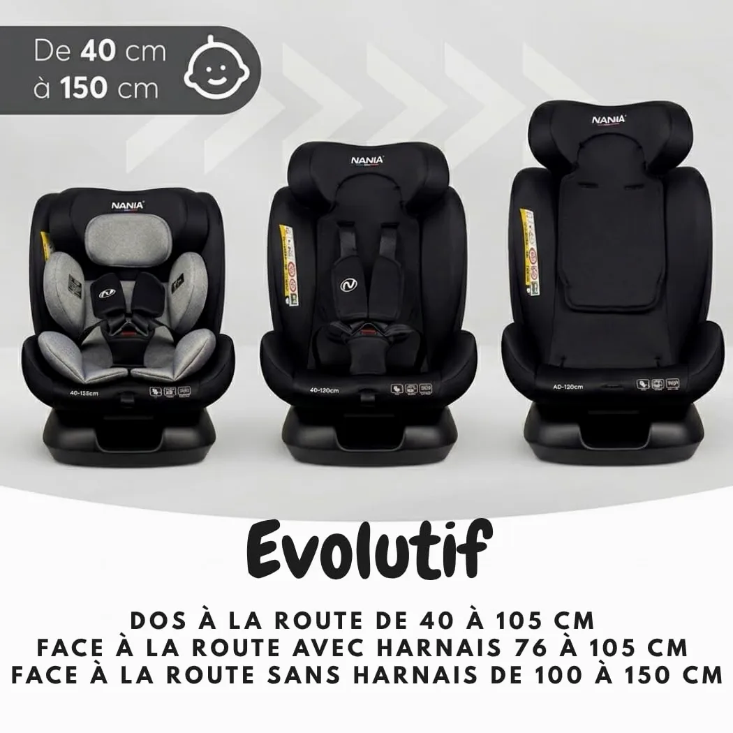 Nania Prato, Kinder Autositz, I-Size, 40-150 cm, Evolutiv von Geburt, bis etwa 12 Jahre, Sicherheitsgurtbefestigung, Verstellbare Kopfstütze und Neigung, Lendenwirbelstütze und Reduzierer