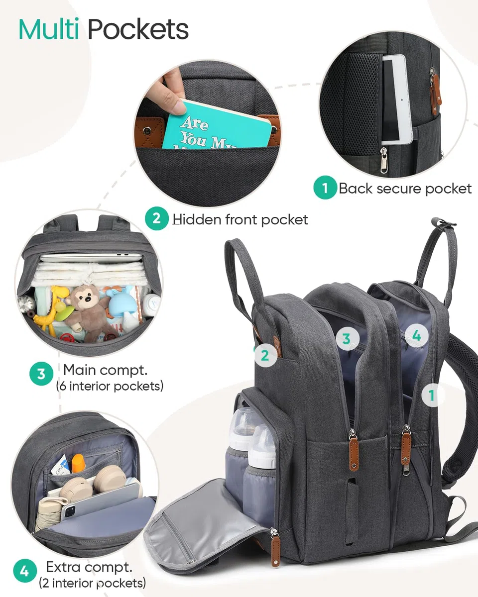 Qualyphant Großer Diaper Bag Backpack - 23 Taschen, Erweitbar, 31 Liter, Grau, Einfarbig, Polyester, Minimalistisch, Rucksack