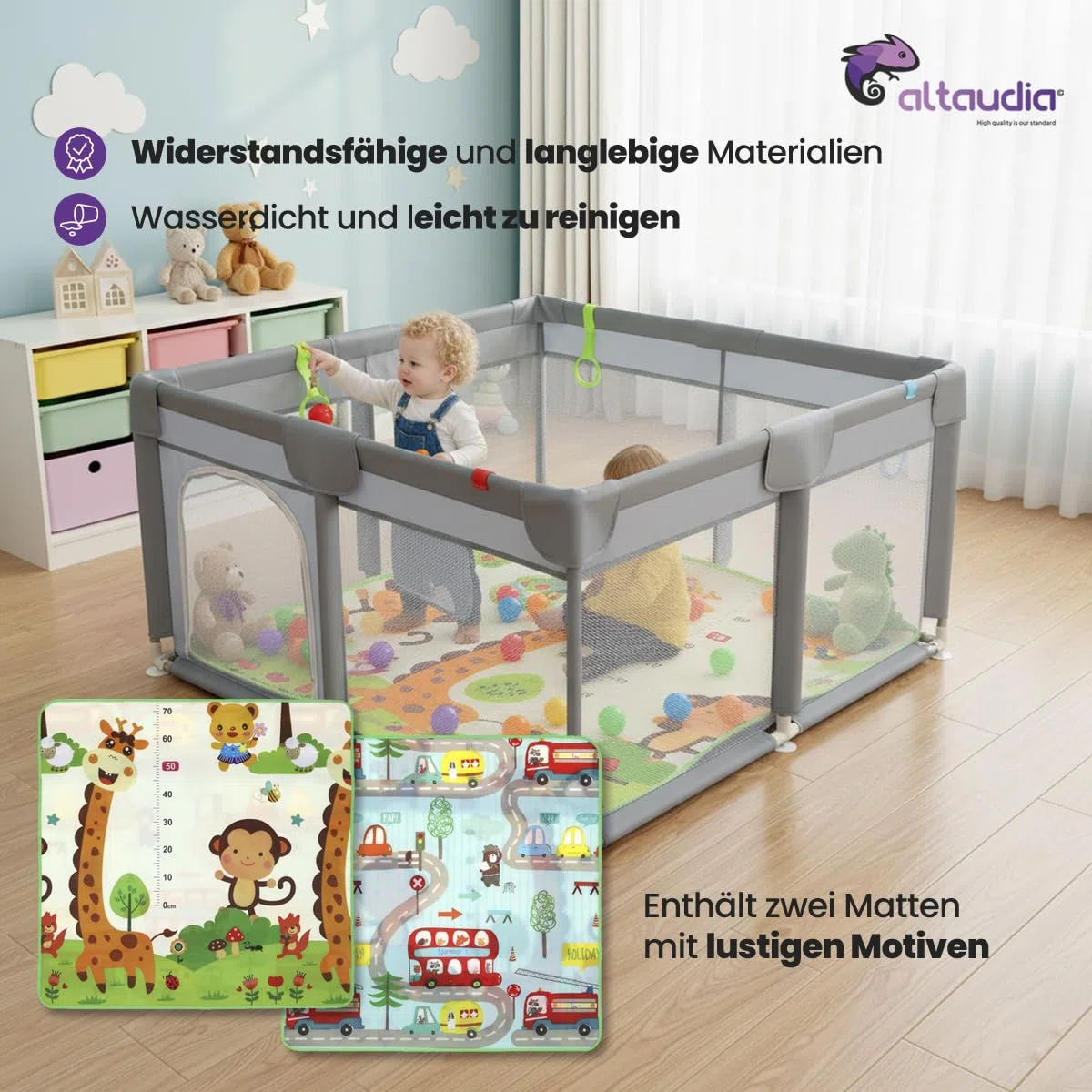 Baby-Laufstall 120 x 120 cm + Baby-Teppich + 50 Bälle + Transporttaschen – Baby-Laufstall mit atmungsaktivem Netz – Lustiger Spielplatz für Babys – Grau