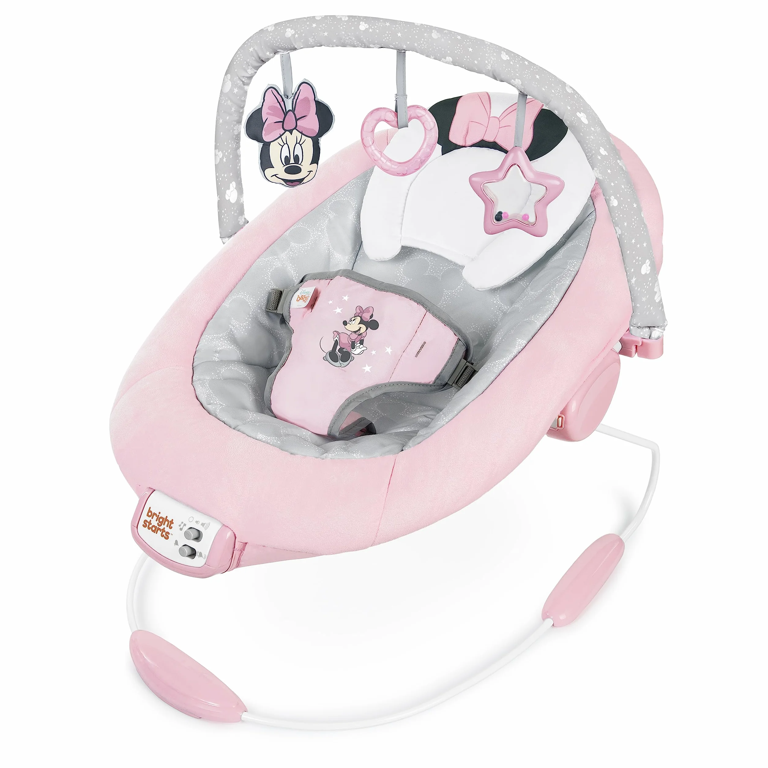 Bright Starts, Minnie Maus Rosy Skies vibrierende Babywippe Babyschaukel mit Musik, Lautstärkeregler, 3 Spielzeugen, Sicherheitsgurt, rutschfesten Füßen und mehr, Minnie Mouse, 1 Stück