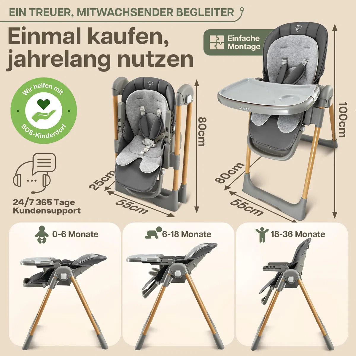 FlexiCo Hochstuhl Baby mit Liegefunktion & Neugeborenenaufsatz, Klappbar & Höhenverstellbar, Grau