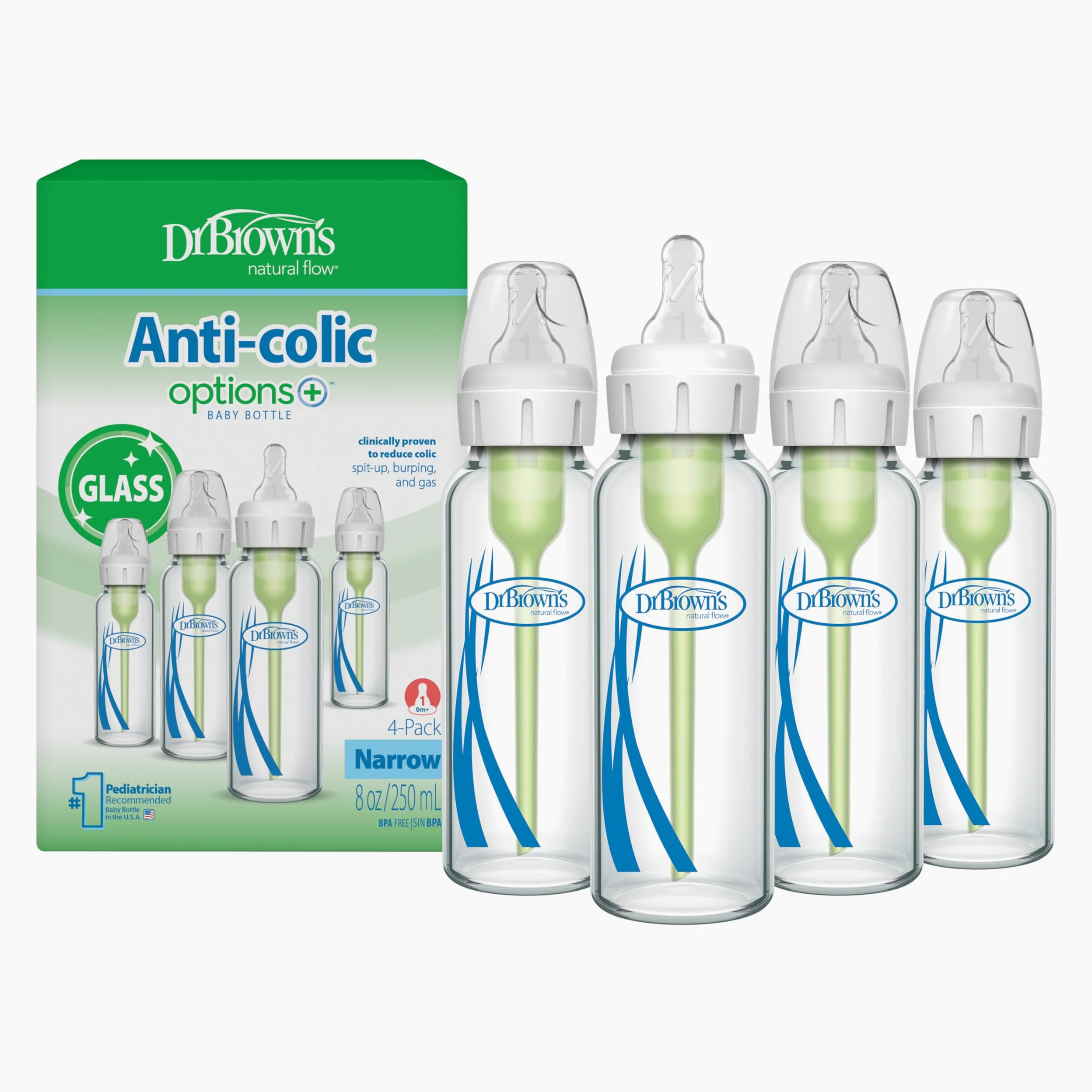 Dr. Brown's Anti-Colic Options+ schmale Glas-Babyflasche mit langsamem Trinksauger Stufe 1, BPA-frei, 250 ml, 4er-Pack