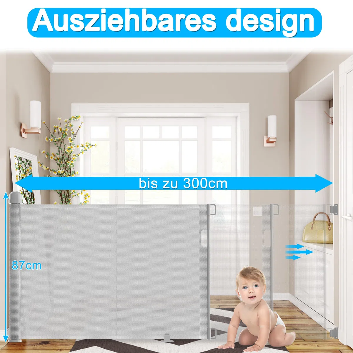 NAIZY Türschutzgitter Rollo 0-300cm Treppenschutzrollo Baby Treppenschutzgitter und Hund Türgitter Einziehbares Tür Ausziehbare Hundebarrieren für Innen und Außenbereich - Grau