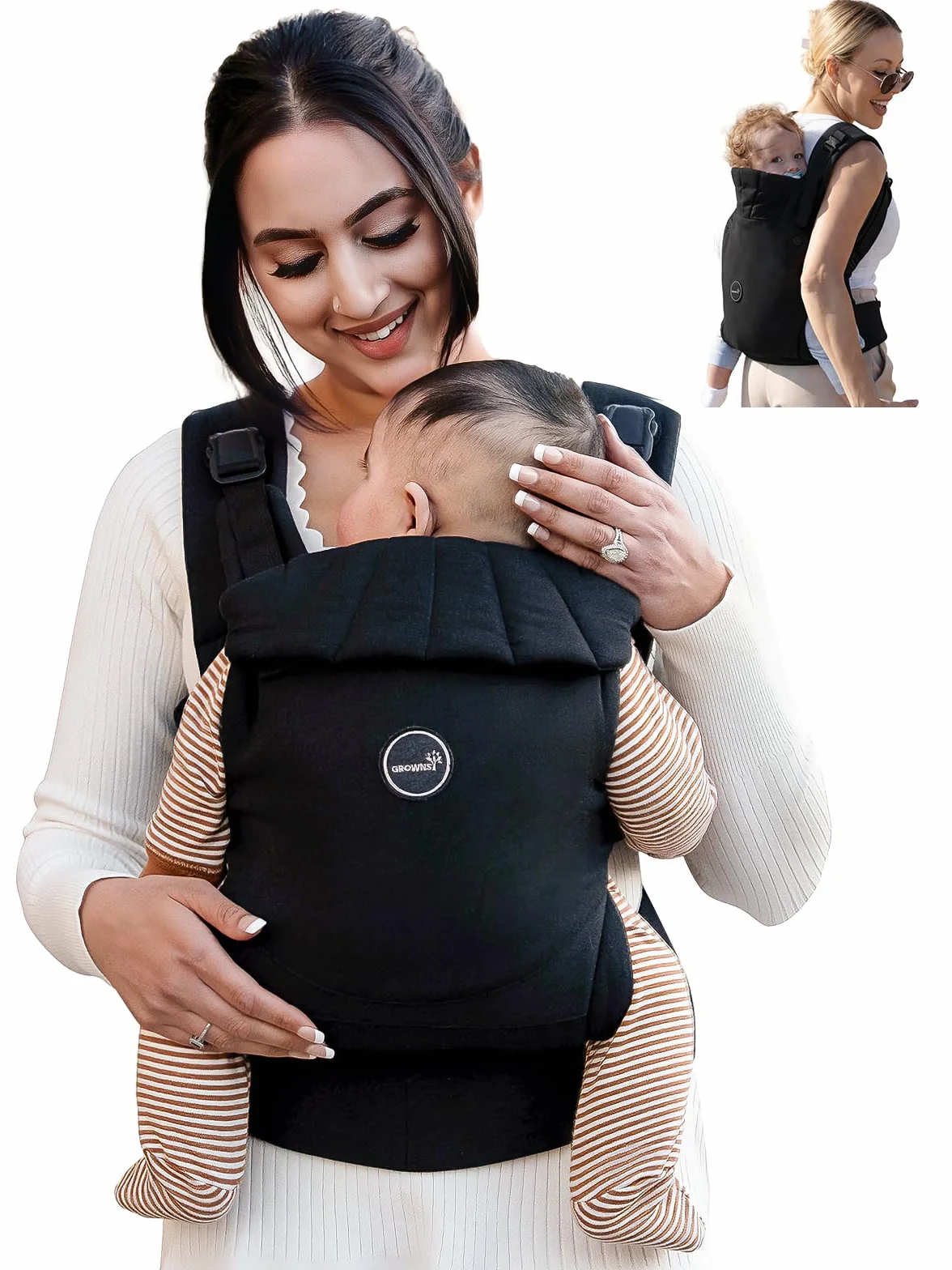 Grownsy Babytrage, Ein-Klick-Schnalle für Einfaches Anlegen, Bequemer Träger von Neugeborenem bis Kleinkind mit Kopfstütze (3-20kg, 3-24Monate), Ergonomisch & Leicht (Schwarz)