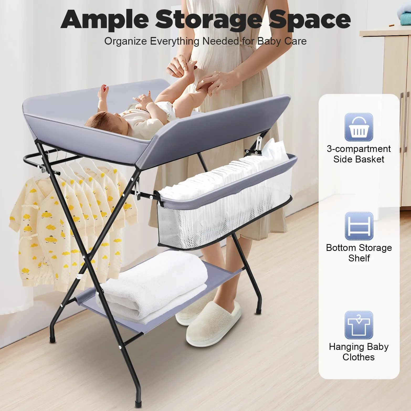 Baby Wickelkommode Wickeltisch Klappbar Mit Aufbewahrungsbrett,Sicherheitsgurt Und Seitenrahmen Baby Changing Table Tragfähigkeit 25kg Klappbare Wickelstation,Für Säuglinge Unter 12 Monaten