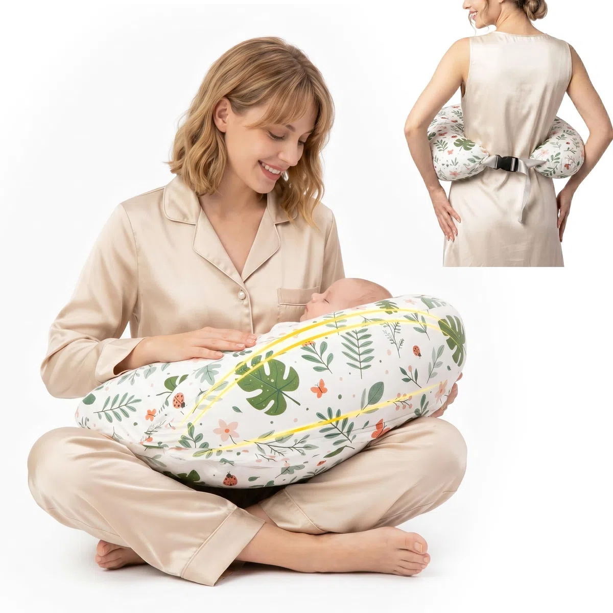 Ergonomisches Stillkissen mit erhöhtem Schutzrand, Stillkissen mit abnehmbarem und waschbarem Bezug, Verstellbarer Hüftgurt, Für Verschiedene Körpergrößen und -Formen, Dunkelgrün