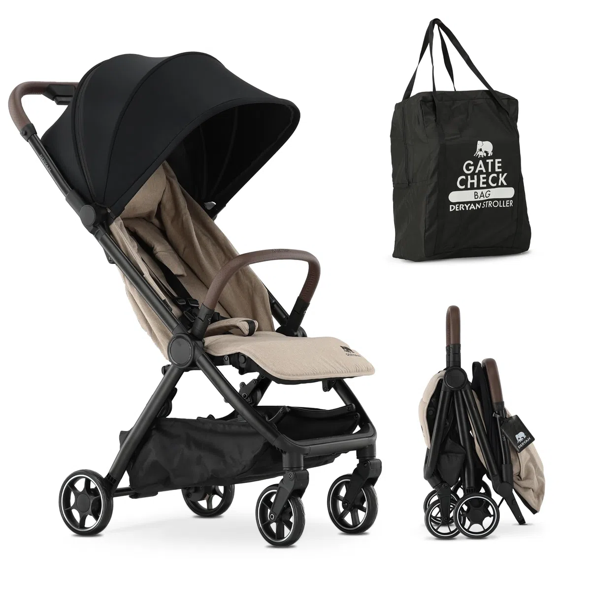 Deryan Air Reisebuggy Kinderwagen fürs Flugzeug-Handgepäck - Ultraleichter kompakter Buggy bis 22 kg (0-4 Jahre), faltbarer Kinderbuggy mit Transporttasche, UPF 50+ Sonnendach, Liegefunktion, Nougat