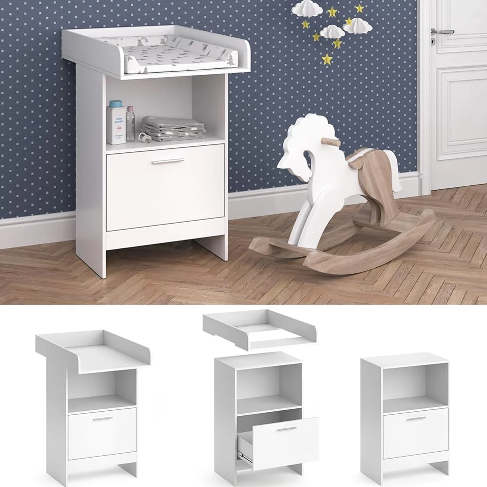 Vicco Wickelkommode Leo, Weiß, 60 x 103 cm | mit Schublade, mit offenem Regal für schnellen Zugriff auf Pflegeutensilien