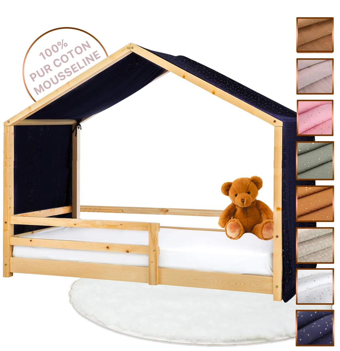 Hausbett Himmel - 100% Baumwolle Betthimmel Hausbett aus Musselin - Bett Vorhang Kinderbett - Himmelbett Vorhänge für 90x200 (Nachtblau/Gold, 97 x 402cm)