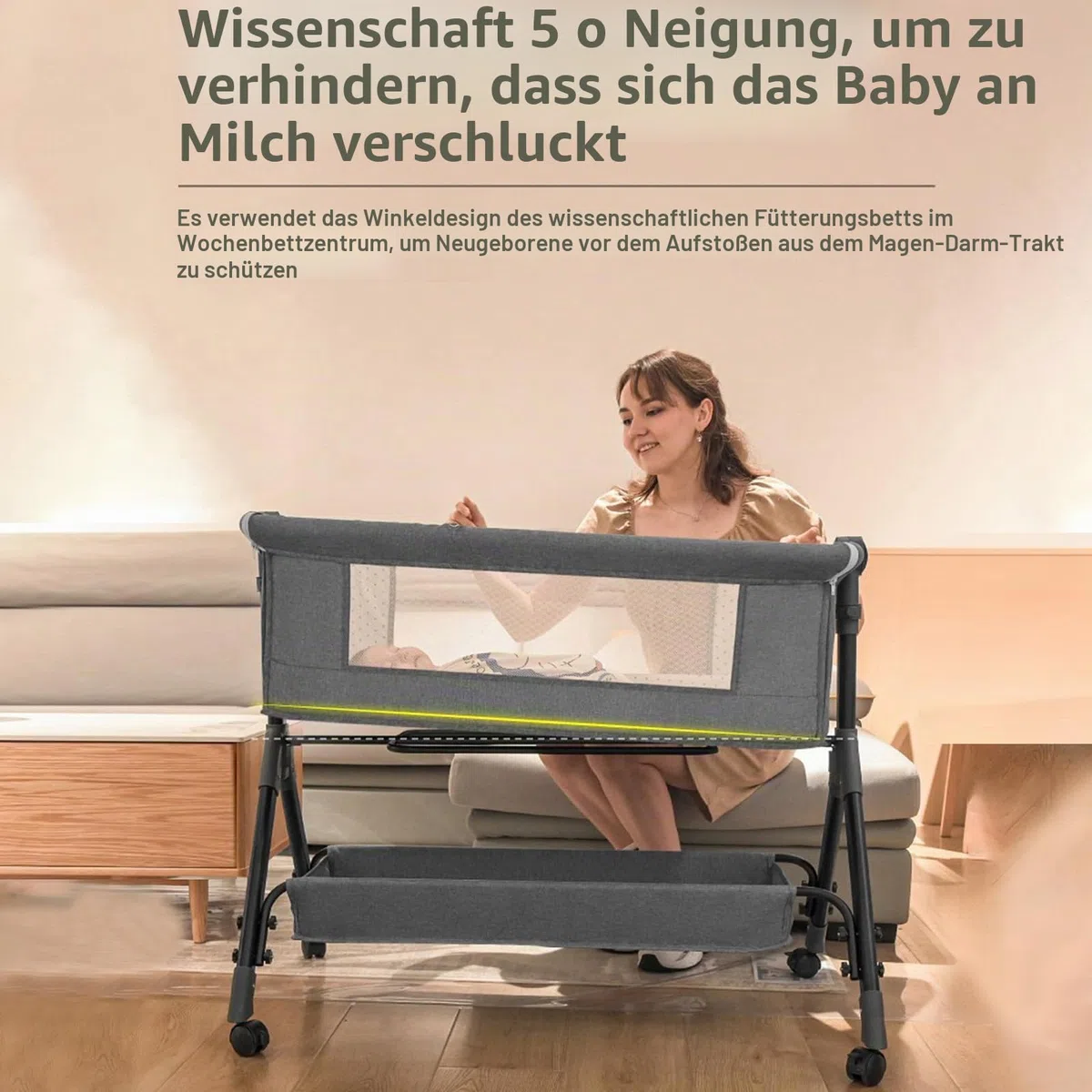 Next to me Beistellbett höhenverstellbar, tragbarer Stubenwagen, stabiles Babybett 3-in-1, mit waschbarer Matratze, Wickeltisch, Aufbewahrungstasche, 4 feststellbare Räder, Moskitonetz, für 0