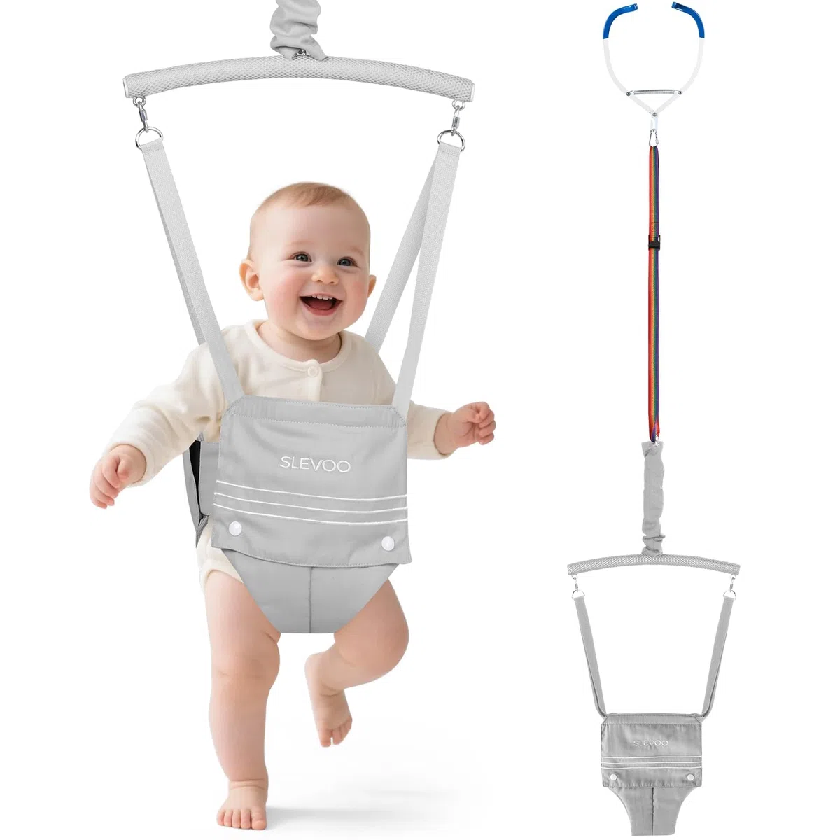 Slevoo Baby Jumper, BabyTürhopser für Babys von 6–24 Monaten, Baby-Türwippe mit einfach zu verwendender Klemme und verstellbarem Gurt, Tragfähigkeit 18 kg(Grau)