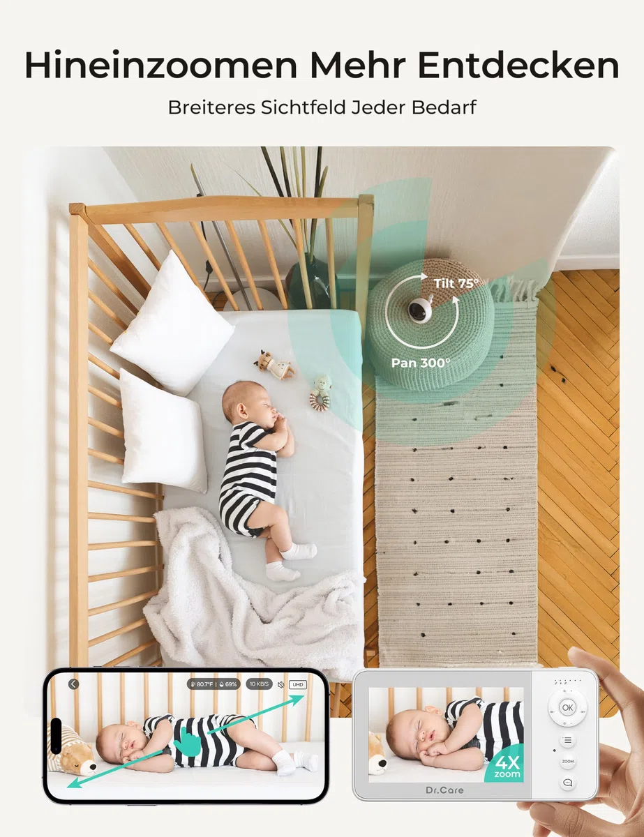 Dr.Care VistaView Lite RB Smart WLAN Babyphone mit Kamera - 4" 720P Split-Screen, 1080P Kamera, App-Steuerung, Nachtsicht, 2500mAh Herausnehmbare Batterie, 2-Wege-Audio, Bewegungsalarme