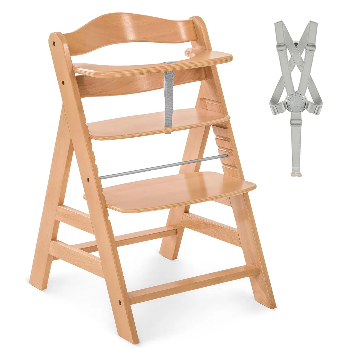 Hauck Alpha+ Holz Hochstuhl Baby mitwachsend 6 Monate bis 90 kg, Natural, 5-Punkt-Gurt, 8-fach verstellbar