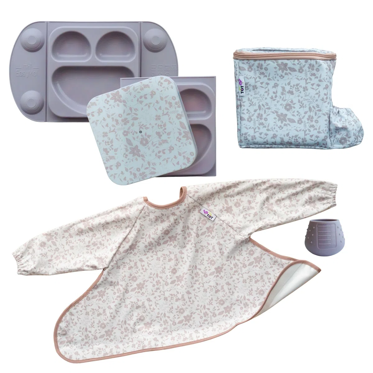 Tidy Tot EasyMat-Teller, Tasse Dinky Cup und Lätzchen Cover & Catch Bib mit Lunchbag – Gartenblume Rosa