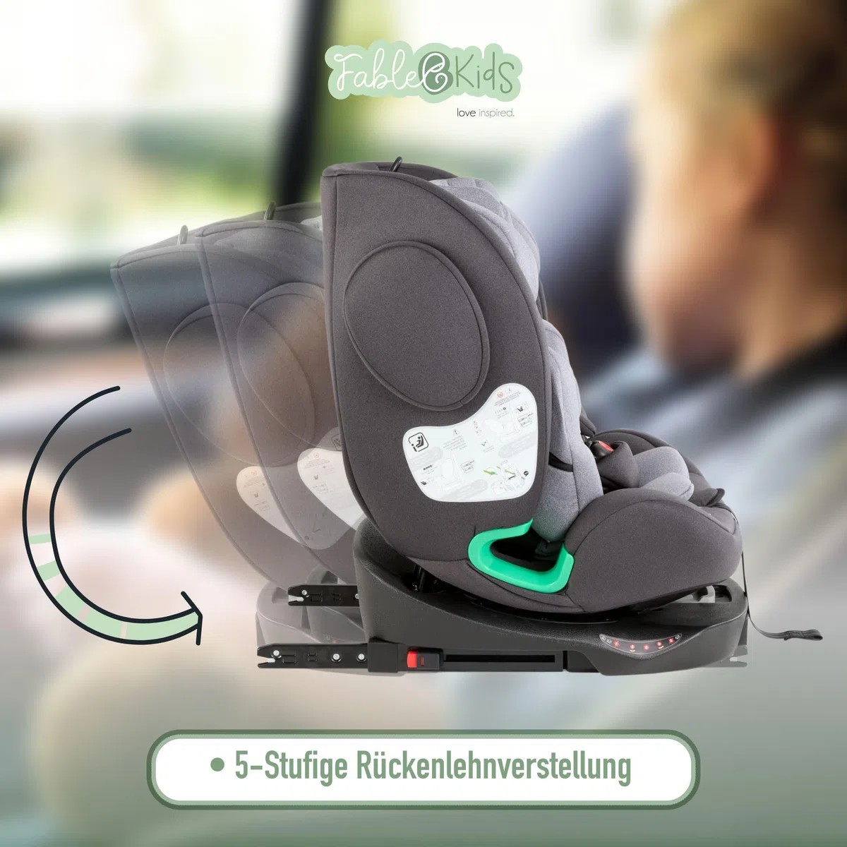 FableKids NORA Kindersitz Grau | 360° drehbarer i-Size Autokindersitz 40–150 cm | Reboarder mit ISOFIX & Stützbein | höhenverstellbare Kopfstütze & Rückenlehne | ECE R129/04 zertifiziert
