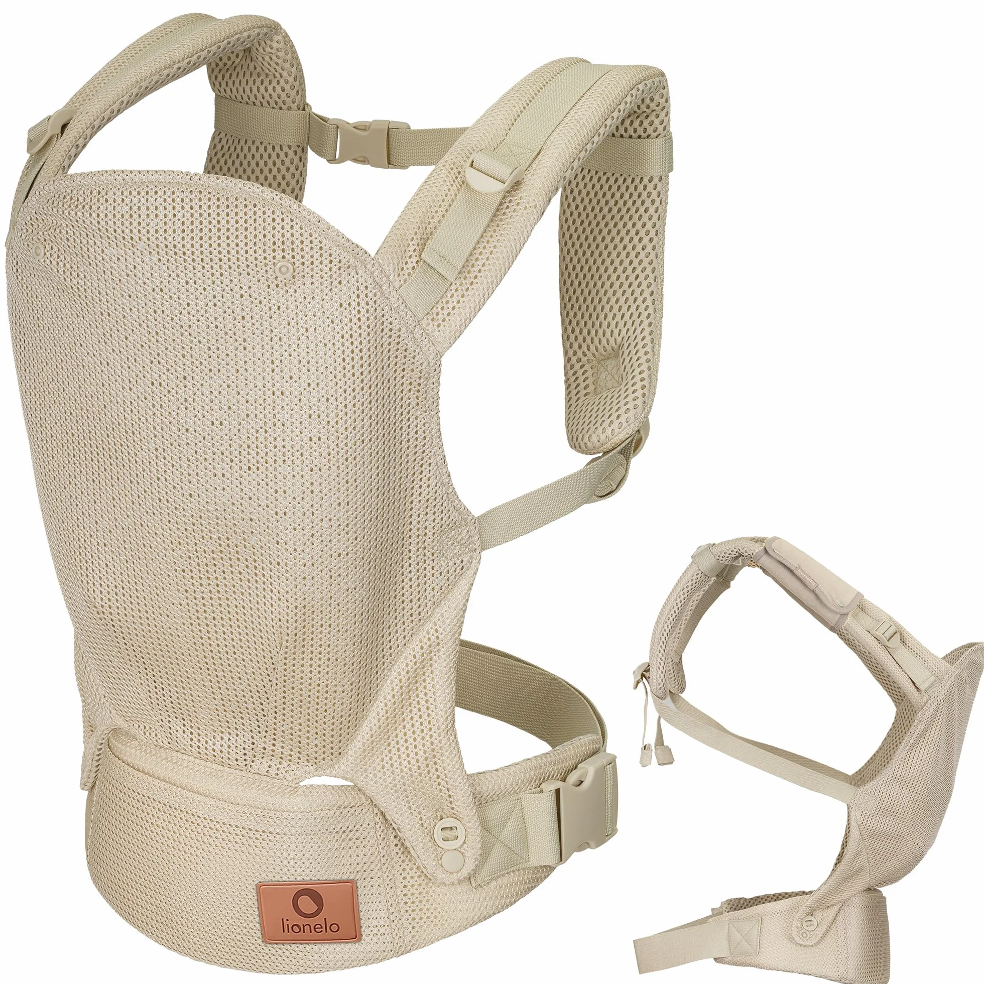 Lionelo Margareet Air Ergonomische Babytrage für Babys von 4 Monaten bis 20 kg, 3 Tragepositionen, atmungsaktives Material, abnehmbare Kapuze, doppelte Sicherheit