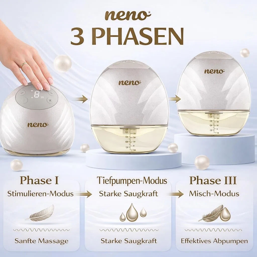 NENO Perla Twin Milchpumpe Elektrisch - Dreiphasen Elektrische Milch Pumpe Freihändig - Leiser und Diskreter Betrieb - 9 Saugstufen - BPA-frei – LED-Anzeige - Schnelles USB-C-Laden