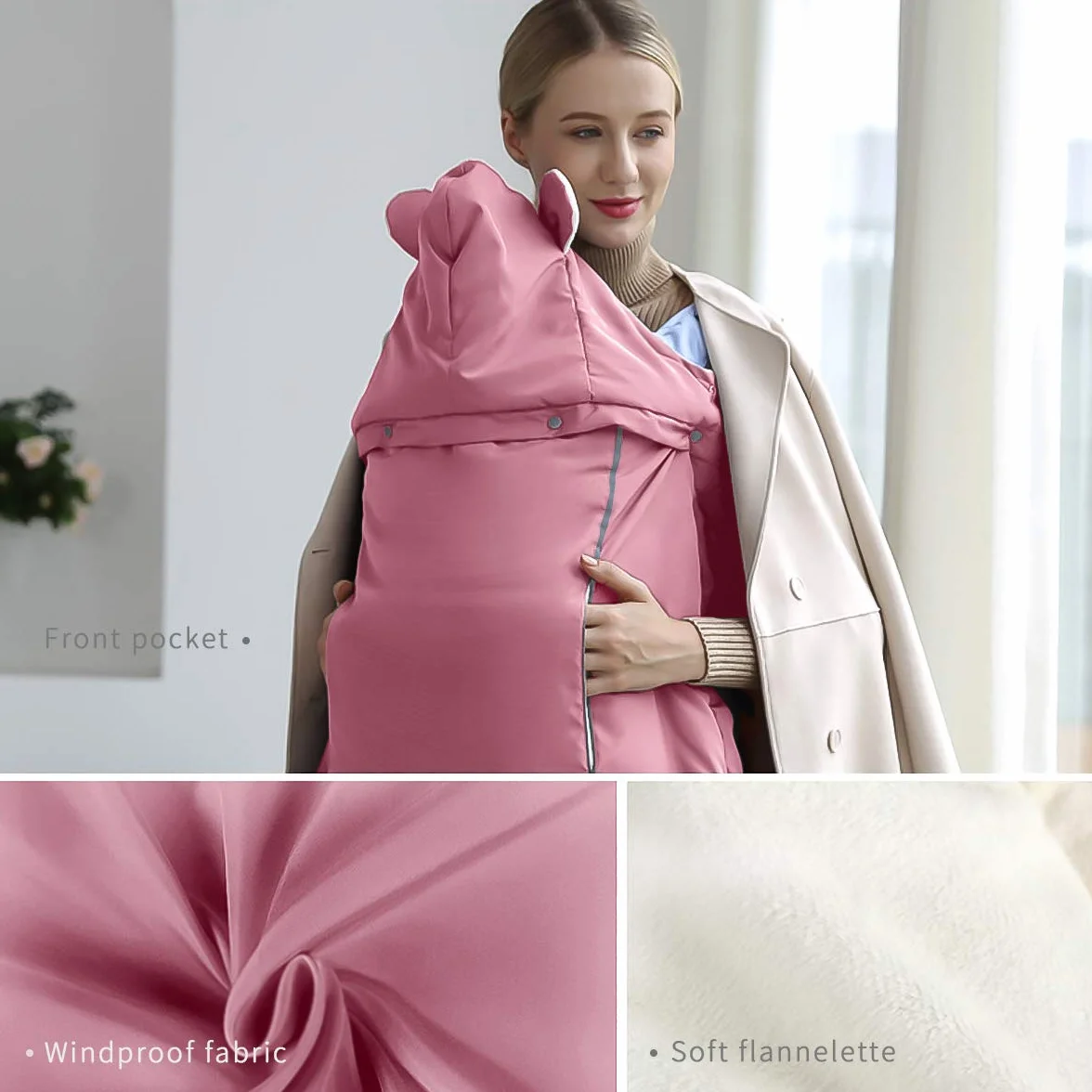 SONARIN Universal All Seasons Regenschutz für Babytrage, Wintermantel warm, Fußsack, Winddicht, Wasserdicht, Abnehmbarer Hut(Rosa)