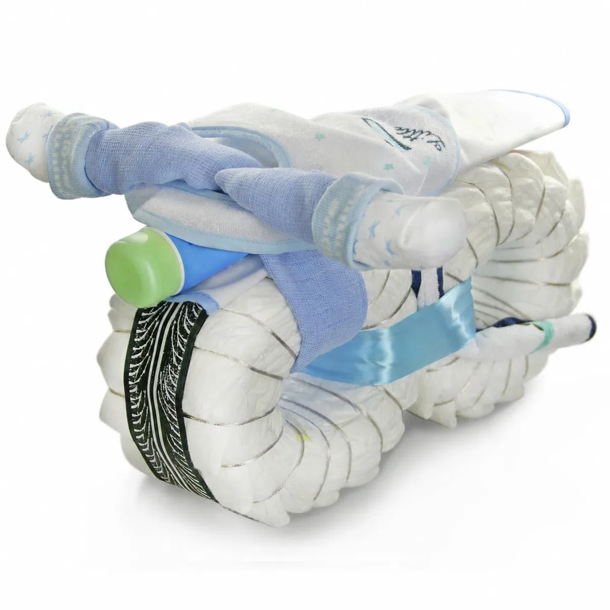 Windeltorte Windelmotorrad Jungen Rockstar blau / 45-teilig /40 cm | Geschenk zur Geburt Babyparty & Baby Shower
