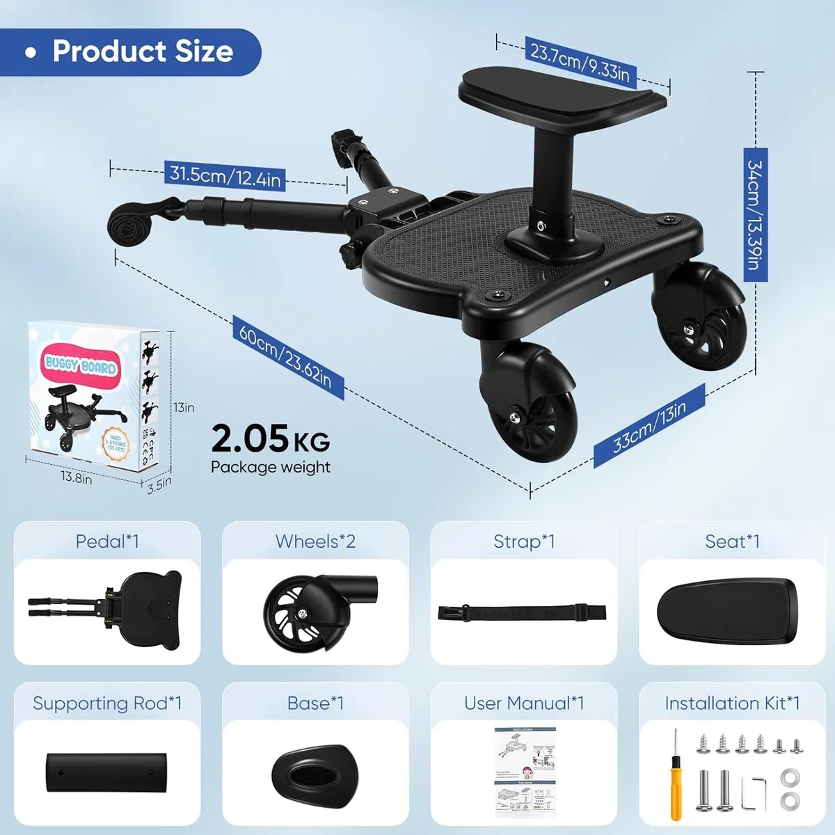 Buggy für Babys, Skate Kinderwagen, Universal, tragbar, Trittbrett für Kinderwagen, Kiddy Boards mit Aufhängegurt, Bretter mit Rollen für Babys von 2 bis 6 Jahren (25 kg)