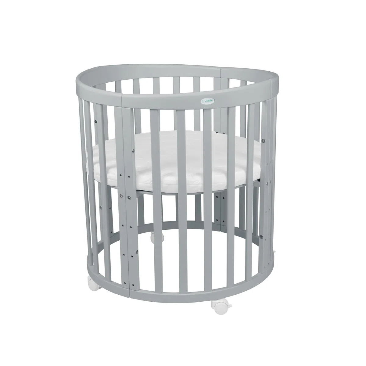waldin Babybett Oval 7in1, Matratze, Rollen, Regal, Grau | Ohne Stoffset, Mitwachsend, Beistellbett aus Holz, Wiege optional