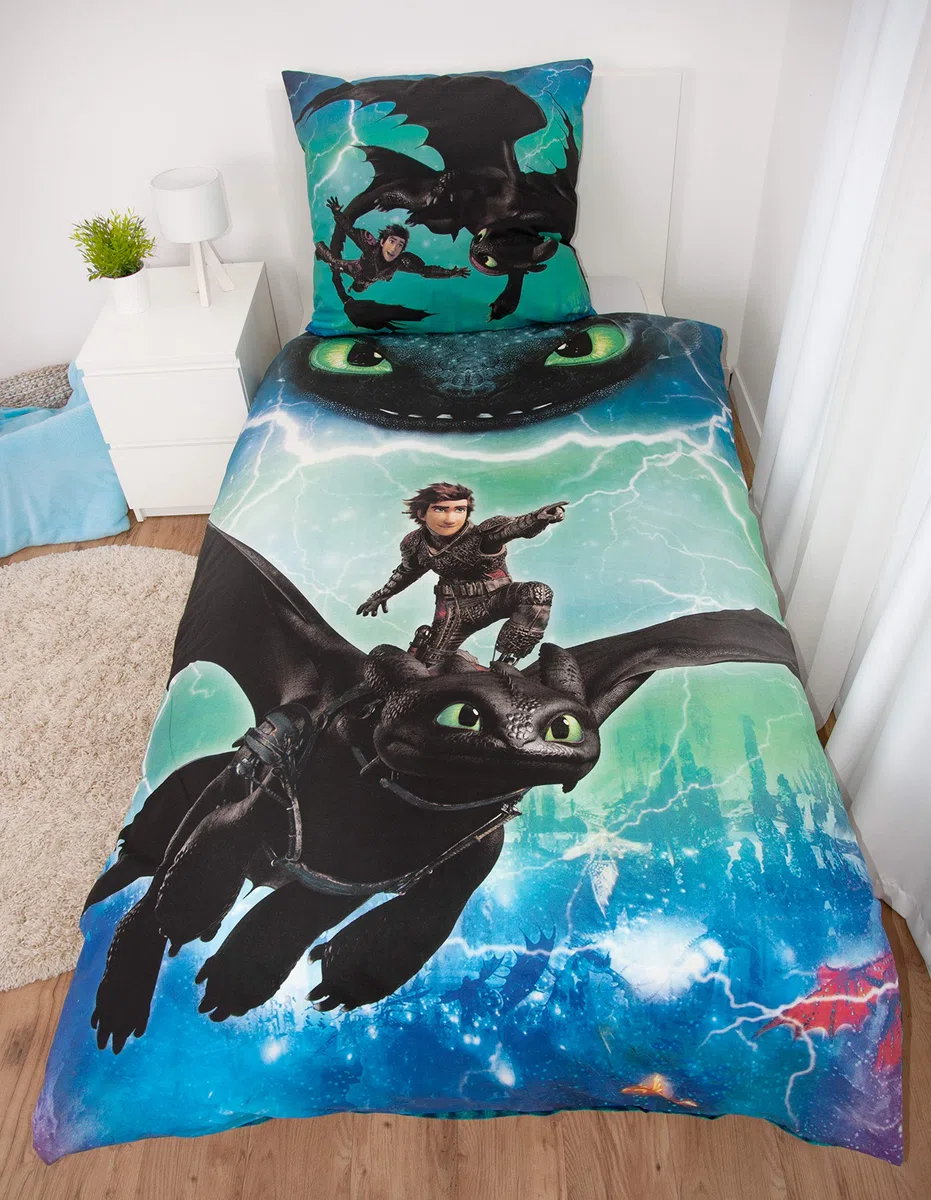 Herding DREAMWORKS DRAGONS Bettwäsche-Set, Wendemotiv, Bettbezug 135 x 200 cm, Kopfkissenbezug 80 x 80 cm, Baumwolle/Renforcé