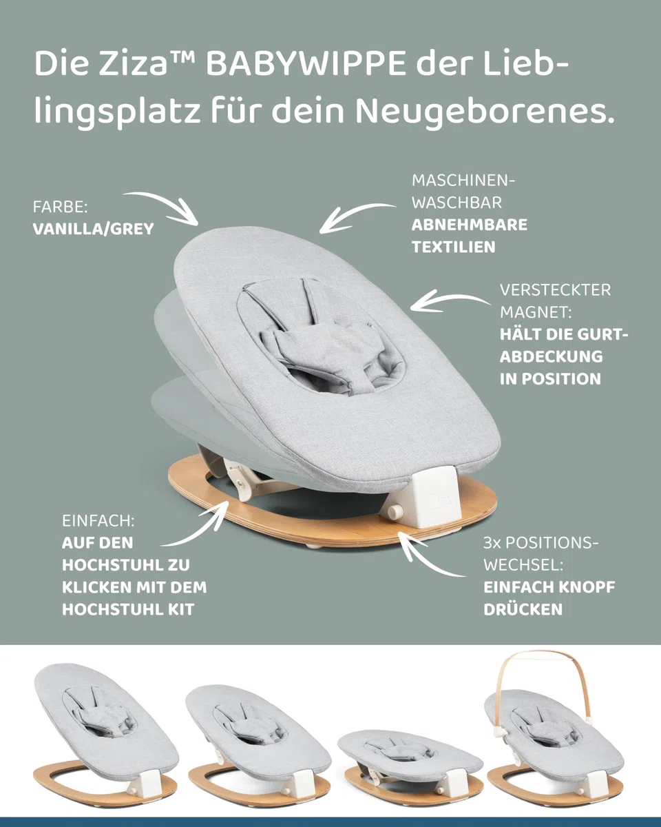Ziza Babywippe für Neugeborene Vanilla/Grey - Wippe für Babys bis zu 9 kg, Geeignet zur Fixierung am Hochstuhl, Montage-Set inklusive, Sicherer Halt mit 5-Punkt-Gurt