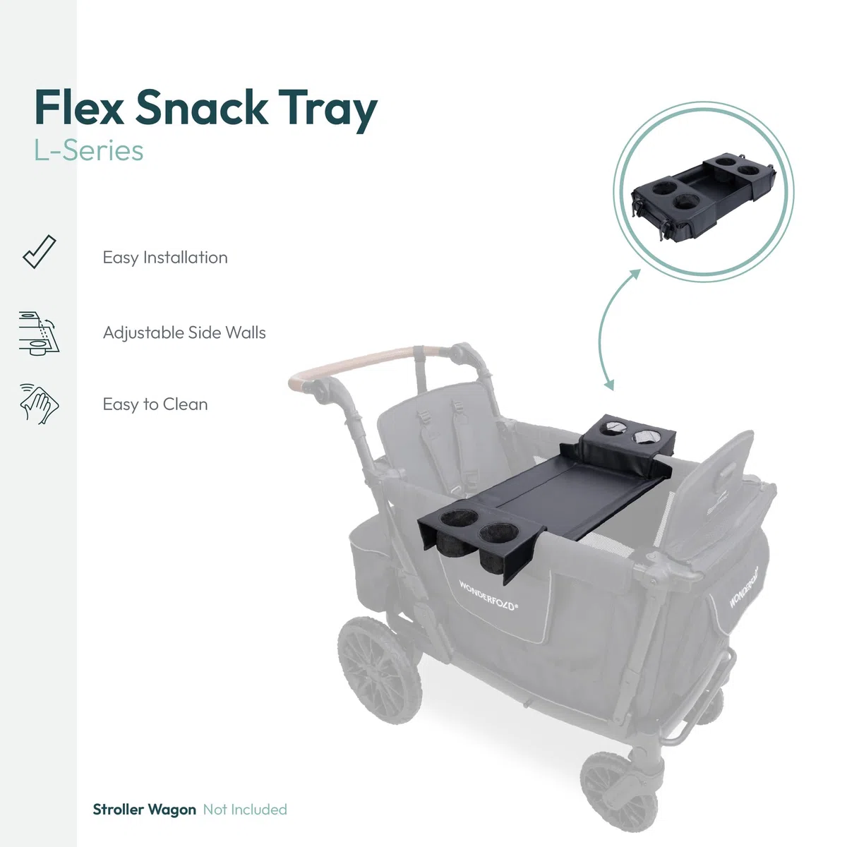 WONDERFOLD Flex Snack-Tablett für L2 Kinderwagen mit umwandelbaren Becherhaltern und verstellbaren Seitenwänden zur Maximierung des Platzes, einfach zu installieren, leicht zu reinigen