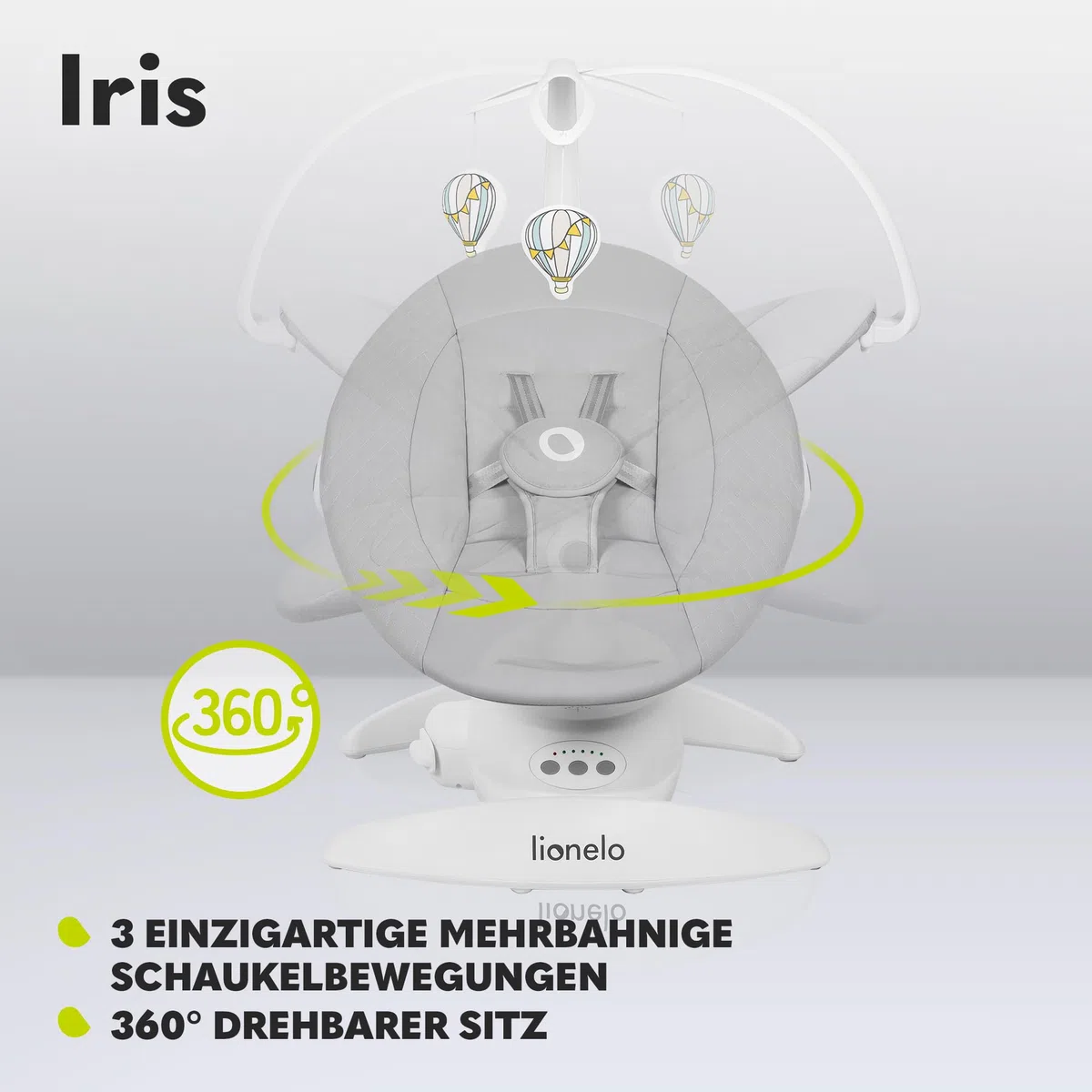 LIONELO Iris Elektrisch Babywippe 360o drehbar für Babys bis zu 9 kg | Verstellbare Rückenlehne, 5 Wiegegeschwindigkeiten Rutschfester Sicherheitsgurt, 12 Melodien Bügel mit Spielzeug Babypflege