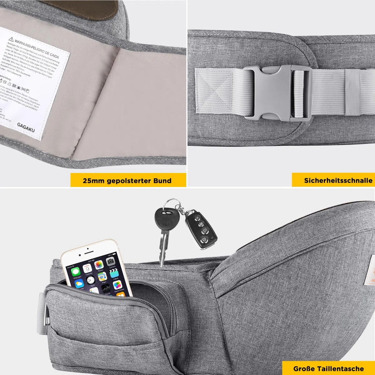 GAGAKU Baby Hüftsitz Leichte Taille Hocker 4 Tragepositionen für Kinder 0-36 Monate Neugeborenes Polyester - Grau