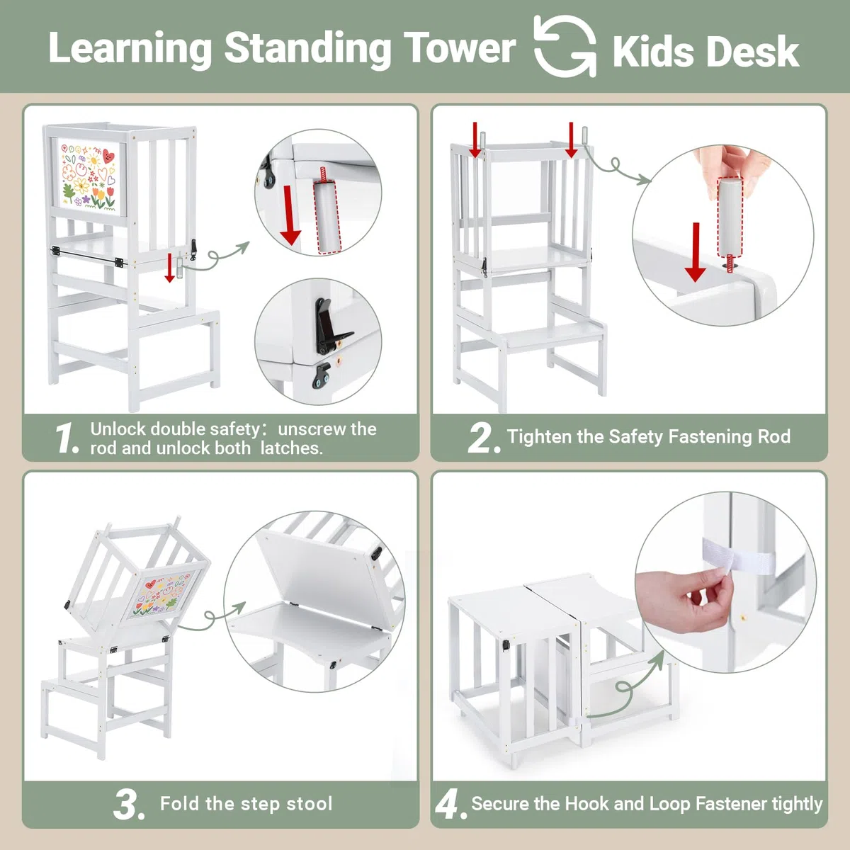 COSYLAND 3-in-1-Küchenhocker-Helfer für Kleinkinder, wandelbarer Stehturm mit Whiteboard für Kinder, Badezimmer, Küche, Theke, Helfer, Mutterhelfer, Lernhocker (Weiß)