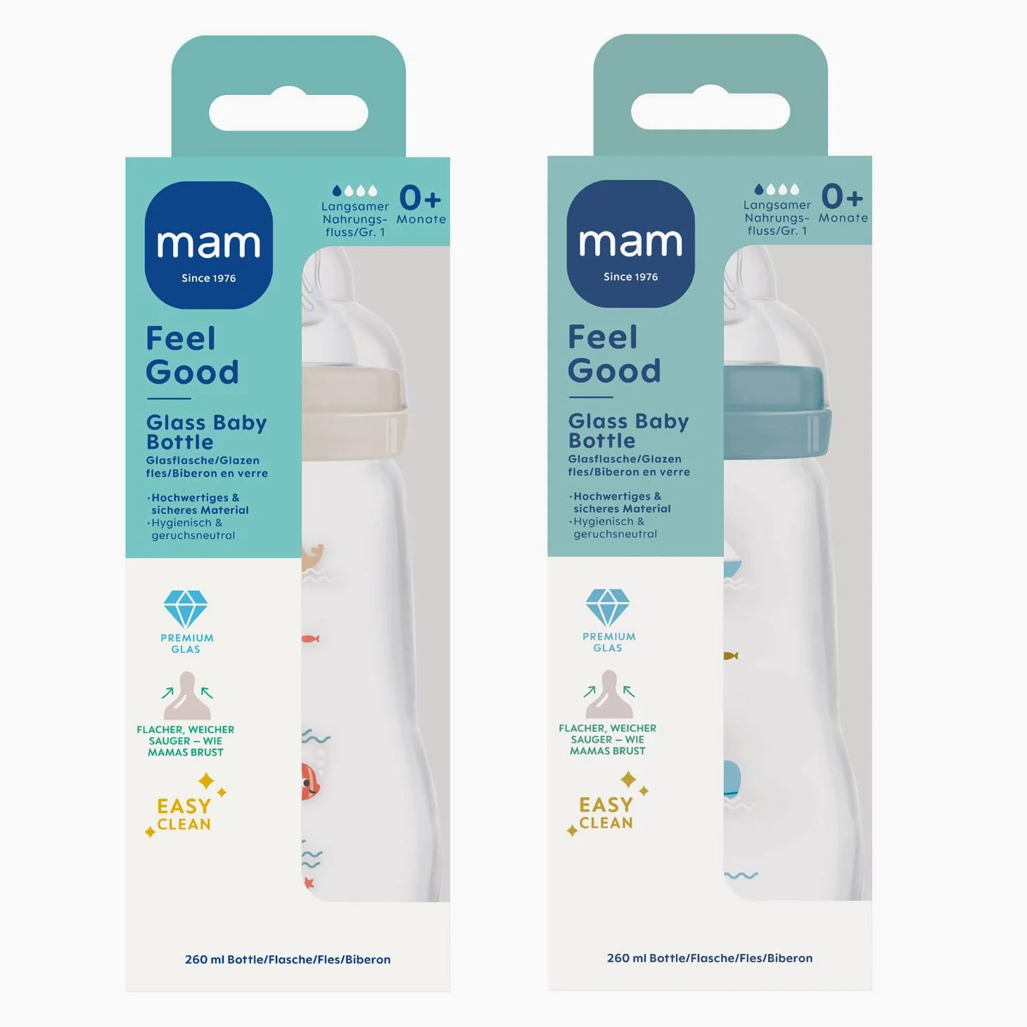 MAM Feel Good Glass Bottle 260 ml Glas Flasche, Doppelpackung, für Junge