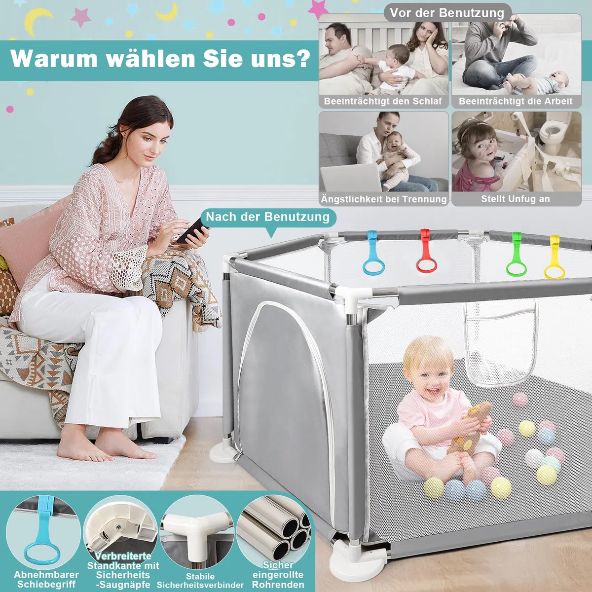 CHOLY Baby Laufstall für Babys und Kleinkinder, stabiler sechseckiger Laufstall mit atmungsaktivem Netz, Aktivitätszaun für Kinder für drinnen und draußen mit Reisetasche (Hellgrau)