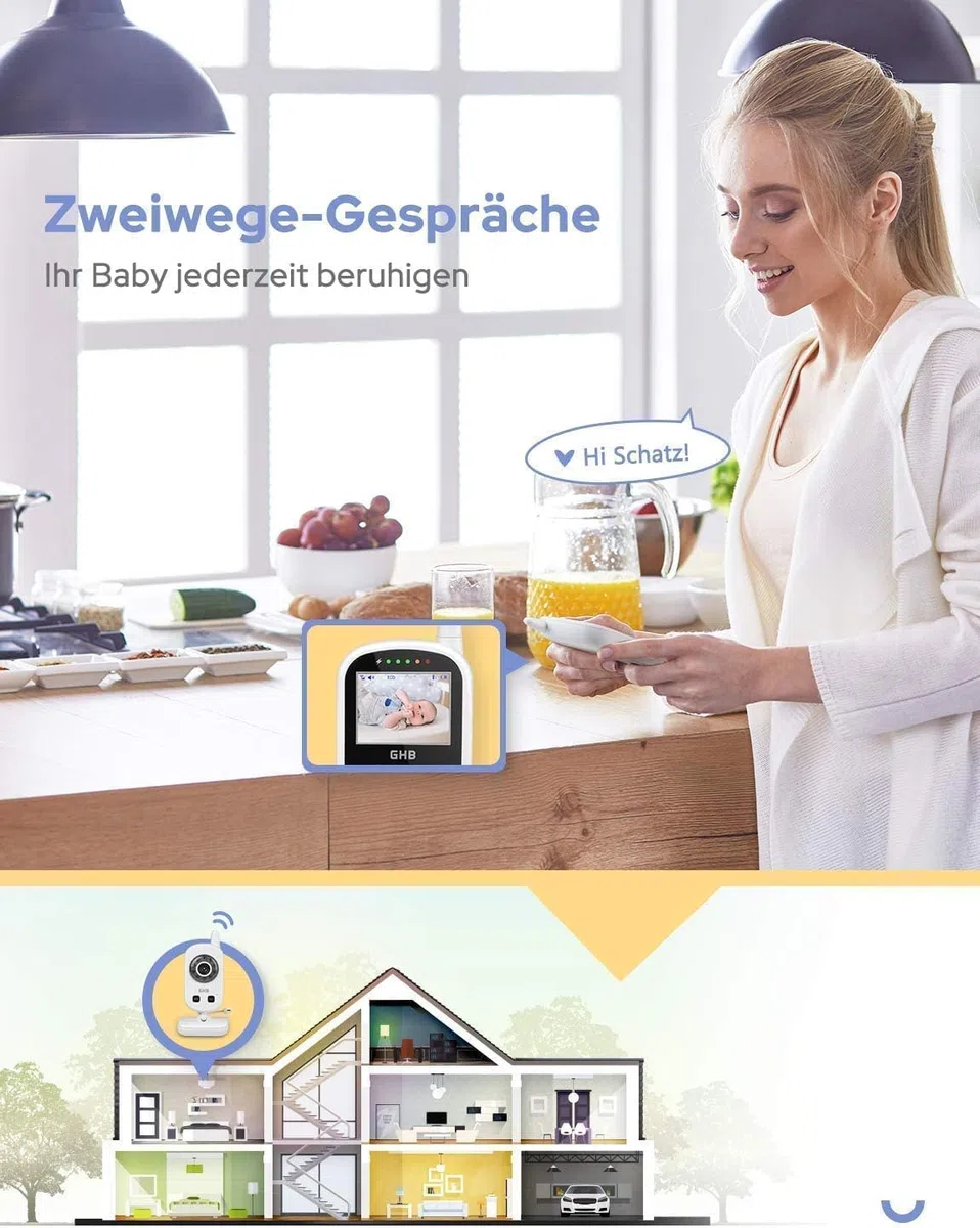 GHB Babyphone mit Kamera Baby Monitor mit ECO Modus Gegensprechen Gegensprechen Lange Akkulaufzeit Nachtsicht usw.