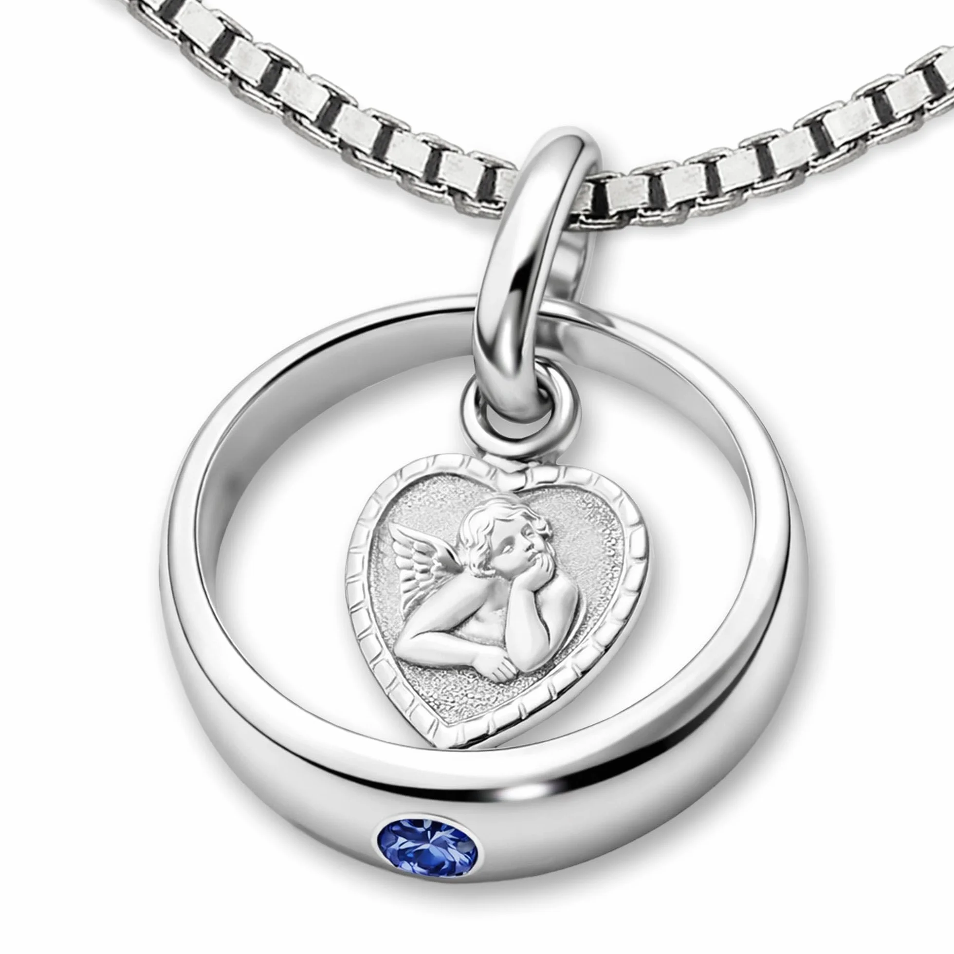 CLEVER SCHMUCK Taufkette Silber Taufring Stein safirblau mit Engel herzförmig Kette Venezia 36 cm Sterling 925 Taufgeschenk im Etui