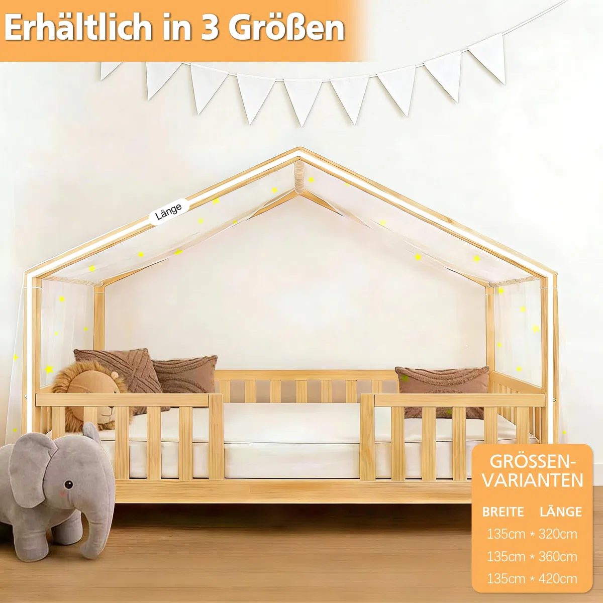 Hook Hausbett Himmel Betthimmel für Hausbett Kinder – Leuchtender Sternenhimmel Stoffhimmel für Hausbett Deko für Mädchen & Jungen – Himmel für Hausbett & Bodenbett (Weiß, H135 x B420 cm (1er Pack))