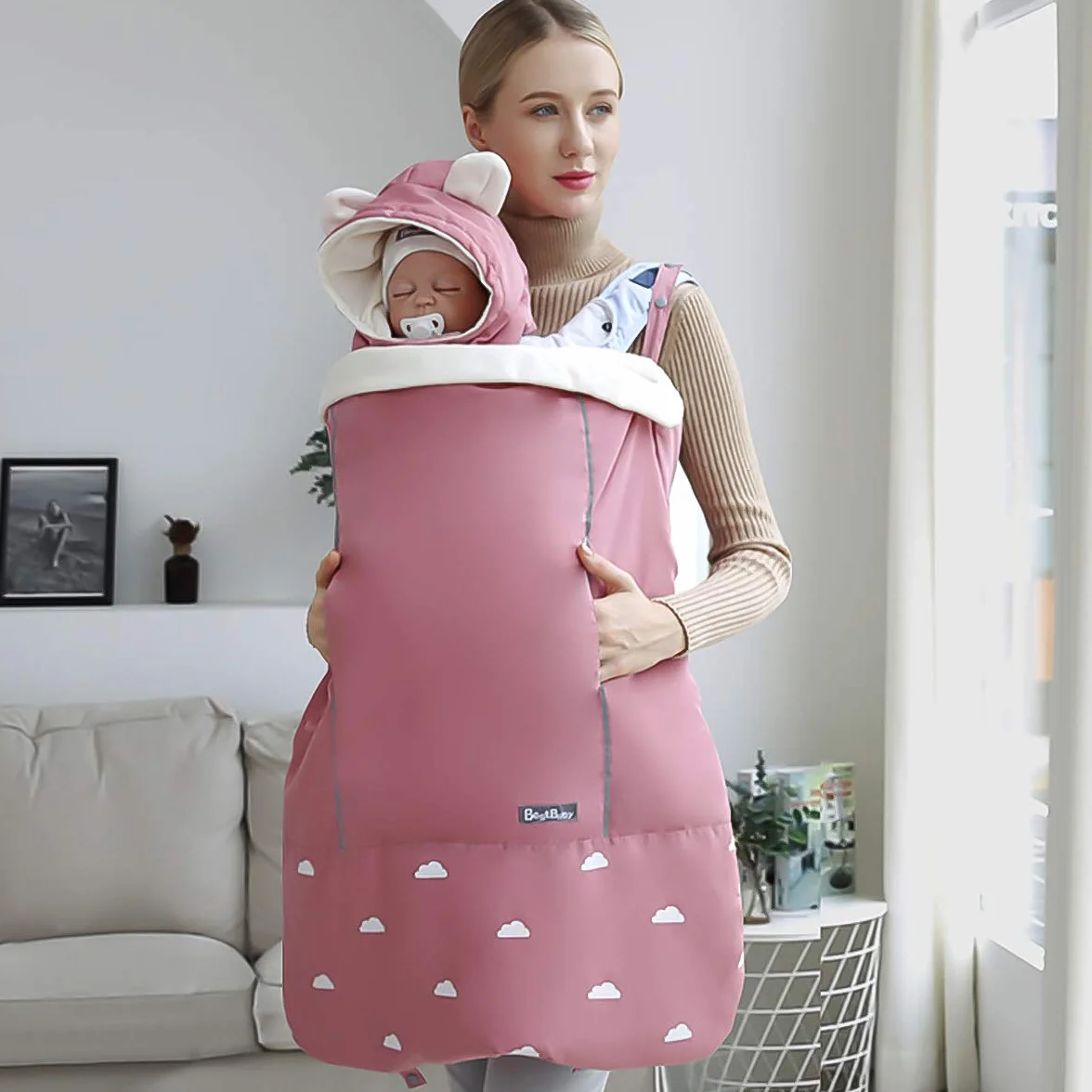 SONARIN Universal All Seasons Regenschutz für Babytrage, Wintermantel warm, Fußsack, Winddicht, Wasserdicht, Abnehmbarer Hut(Rosa)
