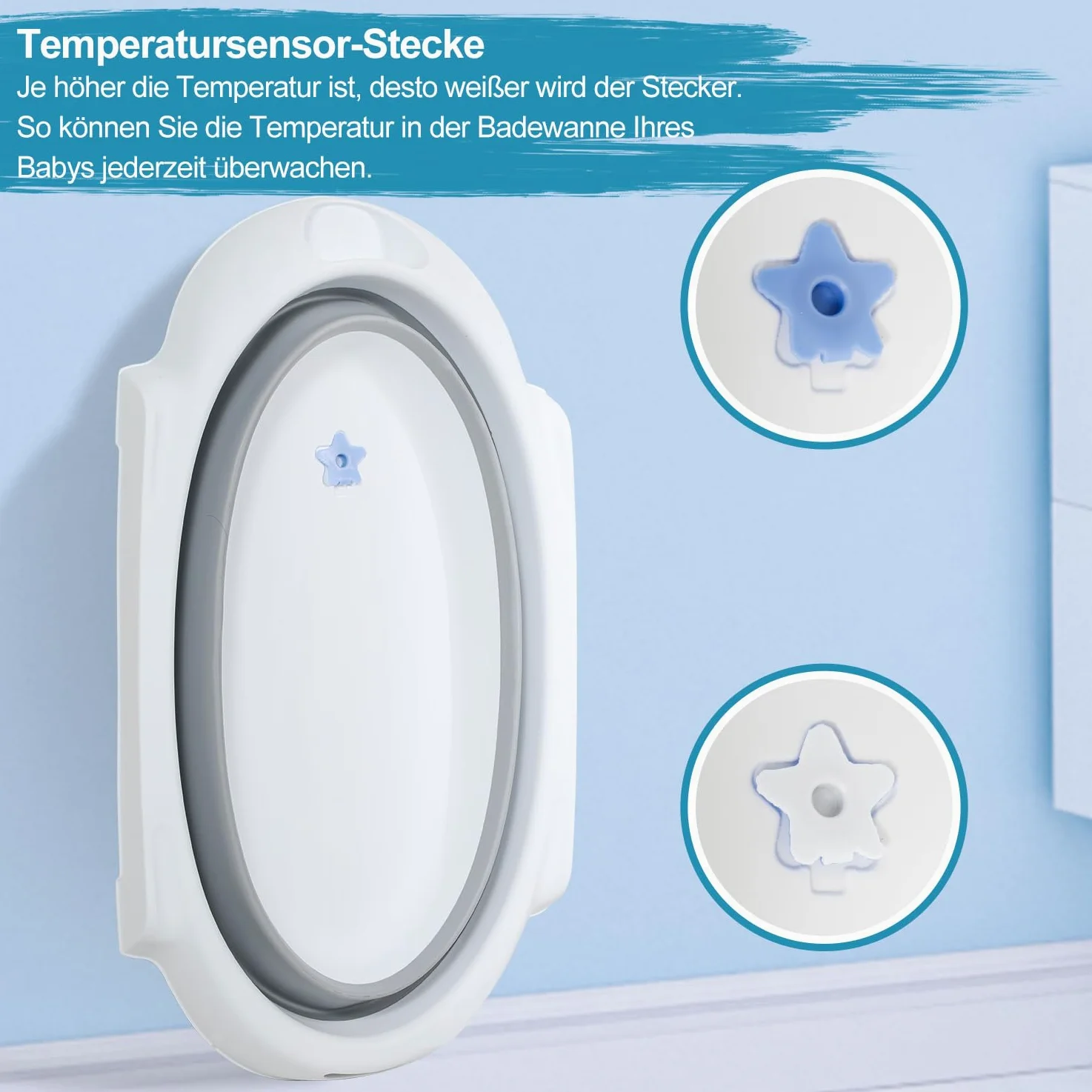 Baby Badewanne, Faltbar Babybadewanne mit Gestell 80cm, Baby Badewanne mit Temperatursensor und Bath Mat, Babybadewanne Neugeborene, Grau