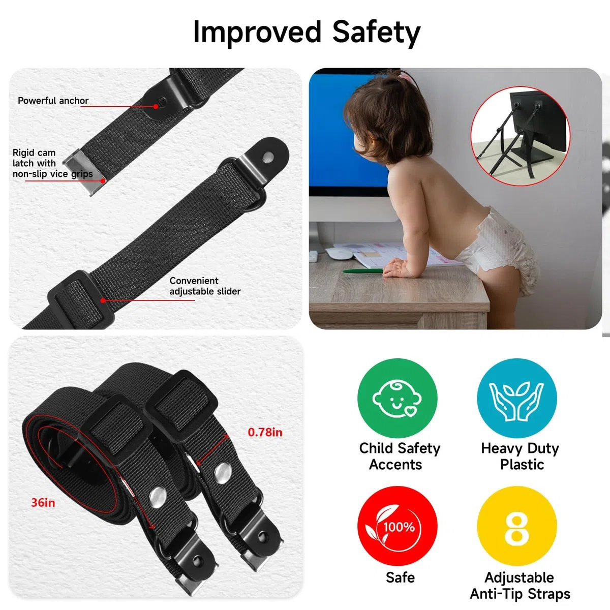 TV Tilt Protection Cabinet Straps, TV Tilt Protection for Children Safety Straps 2 Pack Adjustable, Borehole Depth Adhesive Furniture Anchor for Baby Lock, Flat Screens on Wall, Cabinet, Stand or Desk