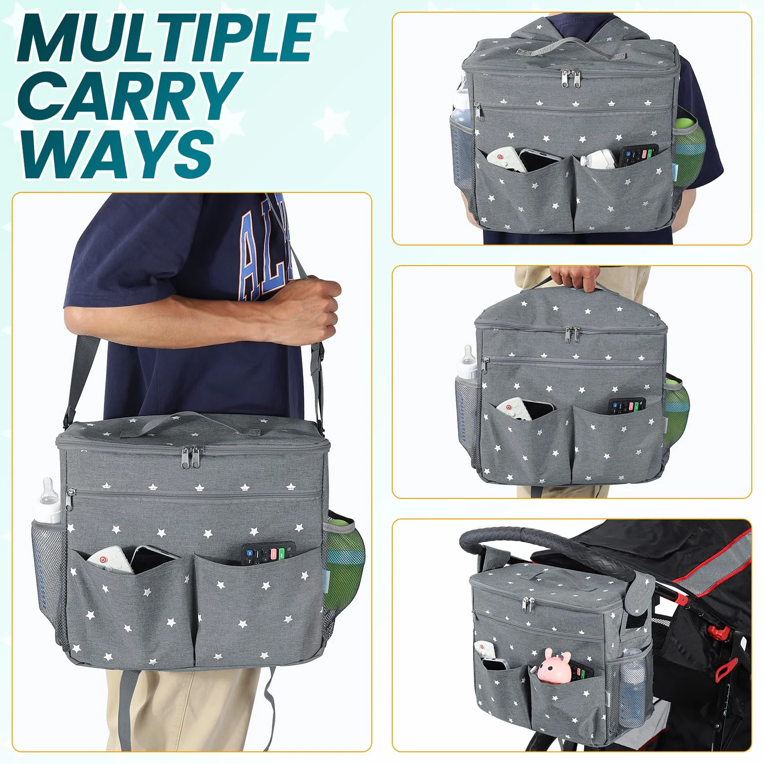 Orzbow Groß Kinderwagen Organizer, Wasserdichte Kinderwagen Tasche mit Getränkehalter & Abnehmbarer Trennwand, Universell Einsetzbar, Robuster Klettverschluss, Verstellbarer Schultergurt & Haken, Grau