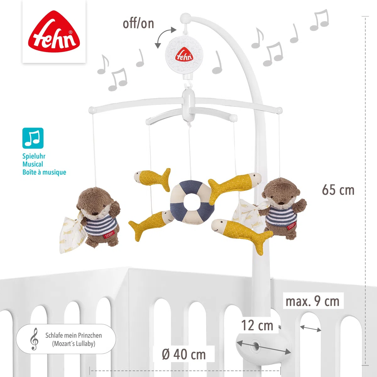 Fehn Musik-Mobile Otter Theo – Aufzieh-Mobile mit Spieluhr-Melodie „Mozarts Wiegenlied“ und Figuren zur Beruhigung & Beschäftigung – Mit Bett-Befestigung für Babys von 0-5 Monaten