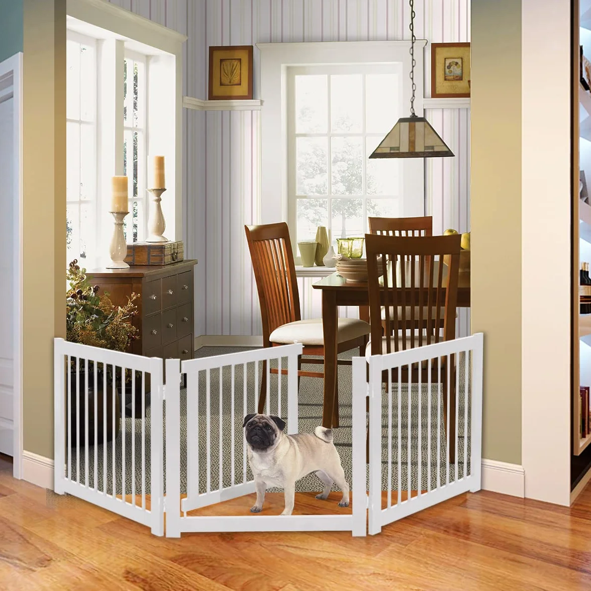 COSTWAY 3-teiliges Absperrgitter Hunde, Freistehendes Hundegitter mit Tür, 61cm hoch, Schutzgitter Holz, Treppengitter Kindergitter klappbar, Hundeabsperrgitter für Kamin & Treppe (Weiß)